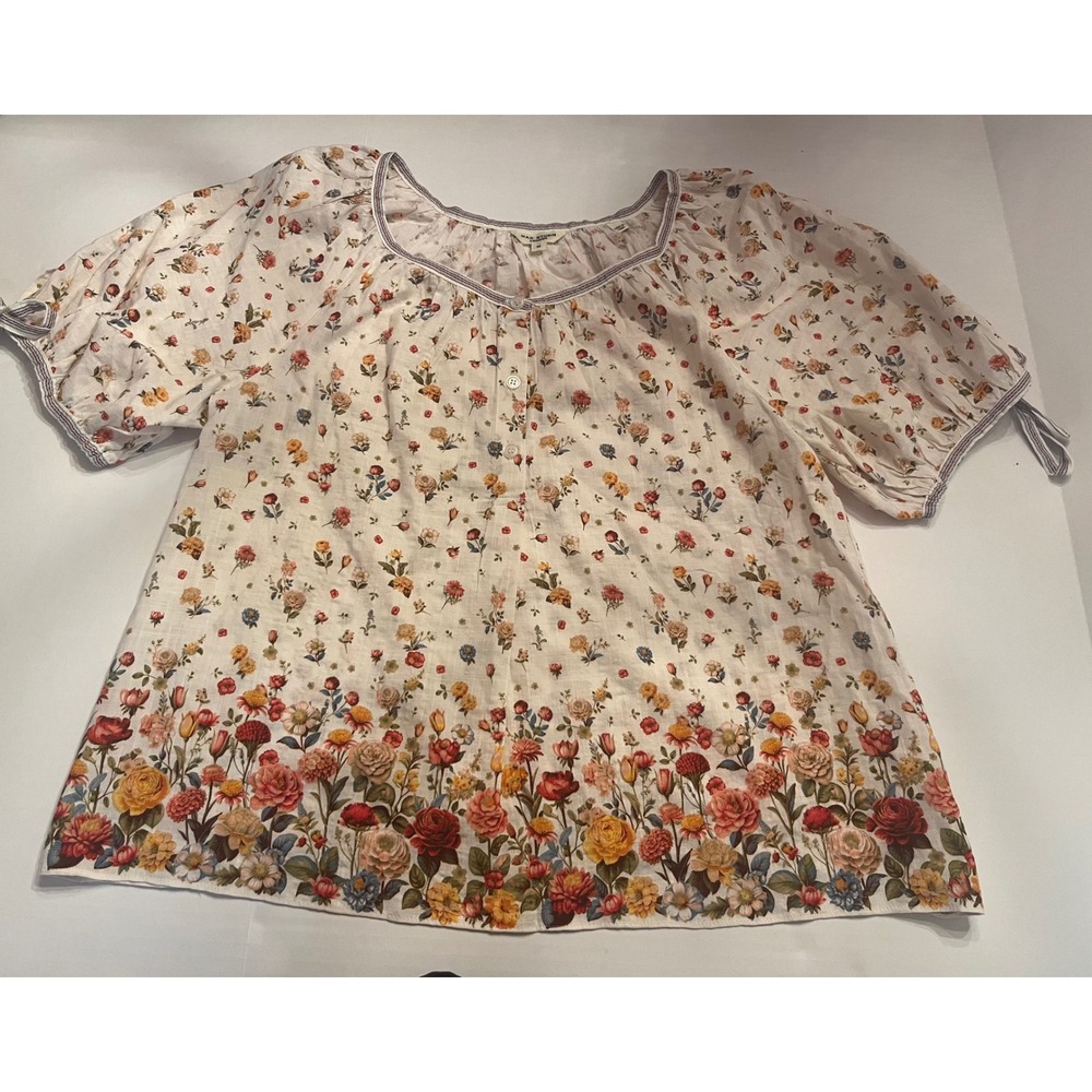 Max Studio London Women Floral Peasant Blouse White Short Puff Sleeve Top Medium